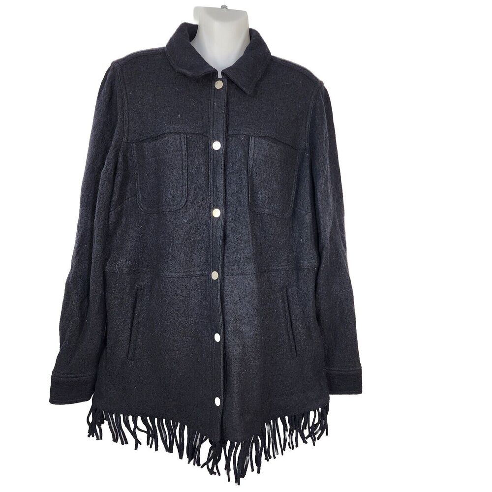 Chico's Boiled Wool-Blend Blanket Jacket Shacket Size 2 Large 12/14 Fringe Black